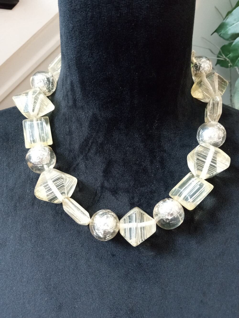 Clear Lucite Geometric Beaded Necklace Silver Tone Chunky Statement Necklace